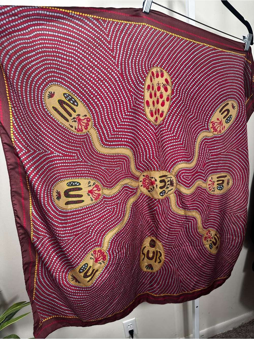 M31. Yijan Australia Aboriginal Art Large Square Scarf Burgundy Red Dot Print